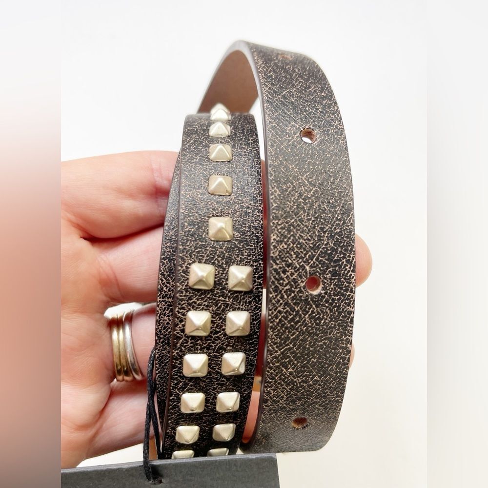 The Kooples Brown leather silver studded thin leather belt Punk Rock size 1 NWT - Picture 3 of 5